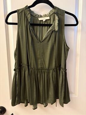 LOFT Olive Green Sleeveless Ruffle-Trim Peplum Top S